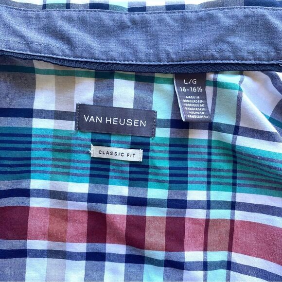 Van Heusen Classic Fit Teal & red Plaid Button Down Shirt | L (16-16.5) - Picture 3 of 4